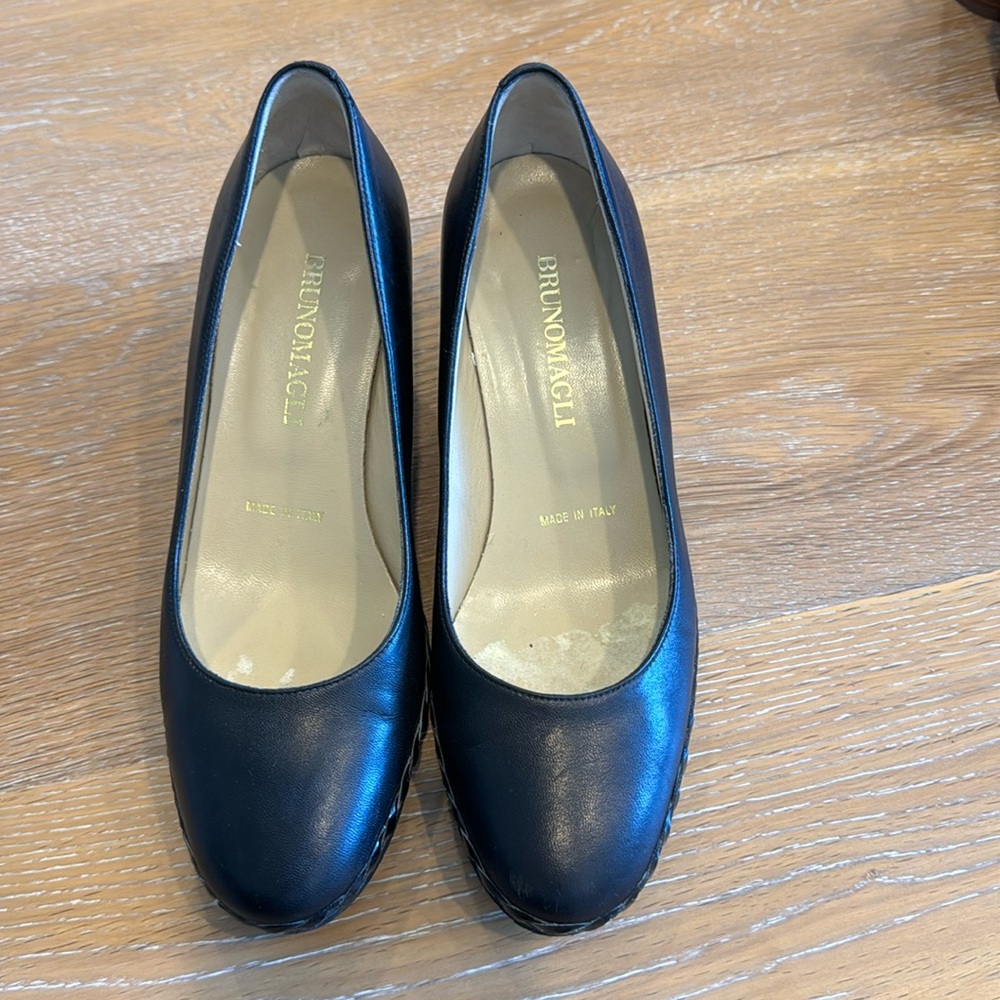 Bruno Magli black leather wedges with basket wave heel